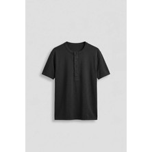 Abluka Online Erkek Relaxed Fit Düğmeli Henley Yaka Basic T-Shirt Siyah