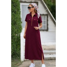 Moda Loris Kadın Kısa Kollu Yakalı Fermuarlı Uzun Viskon Iki Iplik Elbise