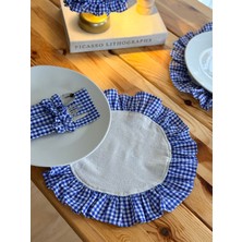 Kai Atelier 2li Sea x Natural Keten Yuvarlak Fırfır Detaylı Amerikan Servis/ Supla Mavi Kareli
