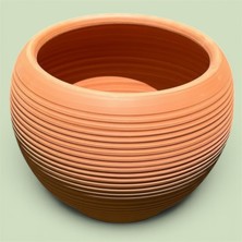 AdenArtpottery Toprak Saksı Turuncu Çizgili Altlıklı Küçük Boy Küre El Yapımı 22*22 cm