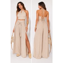Meride Fashion Crop Bluz Sırtı Bağlamalı ve Bol Paça Pantolon Takım Aerobin Kumaş