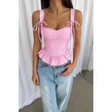 Loch Pembe Fırfırlı Korse Büstiyer