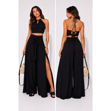 Meride Fashion Crop Bluz Sırtı Bağlamalı ve Bol Paça Pantolon Takım Aerobin Kumaş
