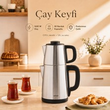 Karaca Paslanmaz Çelik Elektrikli Çay Makinesi Çaycı 1.8 Litre Geniş Hazneli Su Isıtıcı Kettle Gizli Rezistanslı - Paslanmaz Çelik Gövde ve Damlatmaz Servis