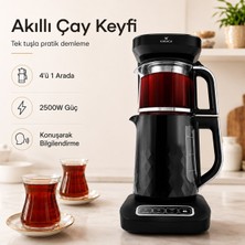 Karaca Akıllı Elektrikli Çay Makinesi Cam Çaydanlık Otomatik Çay Demleyen Konuşan Çaycı 4 Işlevli Su Isıtıcı - Sesli Uyarı, 2500W Güç ve Mama Suyu Desteği