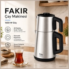 Fakir Paslanmaz Çelik Demlikli Elektrikli Çay Makinesi Çaycı 2 L Su Isıtıcı Kettle Çift Isıtma Devreli Otomatik Kapanma - Sıcak Tutma ve Uzun Ömürlü Kullanım