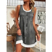 Moda Loris Kadın Askılı Yuvarlak Yakalı Kot Görünümlü Kısa Süprem Elbise