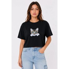 Aymood Kedi Baskılı Oversize Crop Tişört Salaş Basic Yarım Kol T-Shirt - Siyah