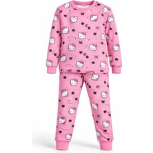CQCQ Kız Çocuk Sevimli Kedi Desenli Pembe Pijama Takımı %100 Pamuklu
