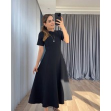Moda Loris Kadın Kısa Kollu Bisiklet Yaka Maksi Boy Ithal Krep Elbise