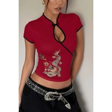 Moonstyle Collection Kırmızı Mandarin Yaka Ejderha Motifli Vintage Qipao Y2K Kısa Kollu Crop
