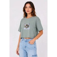 Aymood Kedi Baskılı Oversize Crop Tişört Salaş Basic Yarım Kol T-Shirt - Mint Yeşili
