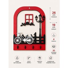 Ergeç Tasarım Nostaljik Bisiklet Temalı Ahşap Anahtarlık Askılığı 26X19 cm 4 Kancalı Dekoratif Duvar Anahtarlığı Kırmızı