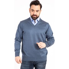 Nacar Store Erkek Gri Ince Yün Triko V Yaka Triko Kazak