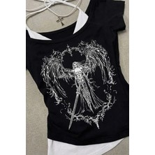 Moonstyle Collection Siyah Sword Warriror Angel Madonna Yaka Ek Askılı Full Body Y2K Kısa Kollu Crop