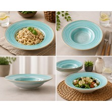 Bonnami Aqua Gourmet Premium Porselen Çukur Tabak 24 cm 400 cc - Modern Turkuaz Dokulu Şık Makarna ve Yemek Tabağı