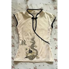 Moonstyle Collection China Style Mandarin Yaka Vintage Dragon Kısa Kollu Bluz