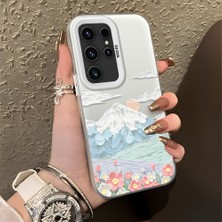 HONTINGA Samsung Galaxy S23 Ultra ile Uyumlu Kılıf Silikon Kenar Sert Arka Kamera Koruyucu Basitlik Anti Düşme Kamera Korumalı Dağ Desen Couple Telefon Kılıfı Kadın ve Erkek Için Uygundur K1-1360