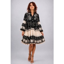 Boutique Bade Ithal Siyah Püsküllü Güpür Detaylı Elbise