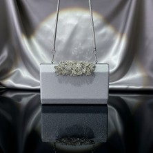 Dilora Lüks Görünümlü Gümüş Taş Işlemeli Kadın Abiye Çanta Işıltılı Clutch Portföy Düğün Nişan Gece Davet Çantası