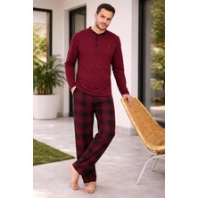 Ay Kids Erkek Bordo Düğmeli Uzun Kollu Pijama Takımı – Şık & Rahat Ev Giyimi -6300-