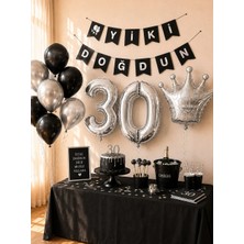 Parti Adresi 30 Yaş Balon Seti Doğum Günü Parti Seti Siyah Gümüş