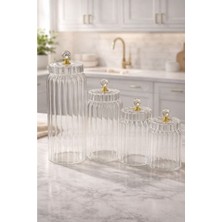 Gsd Borosilikat Cam Optik Çizgili Kristal Gold Kapaklı 4 Lü Kavanoz Seti KÜÇÜK:630 ml -Orta: 800 Ml- ORTA:1100 ML-BÜYÜK:1500 ml