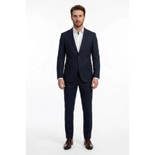 Uki Lacivert Comfort Fit , Mono Yaka, 2 Düğme Çift Yırtmaç Çizgili Klasik Takım Elbise