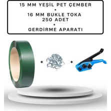 Dalpak Ambalaj 15 mm Yeşil Çember ( Yeşil Polyester Şerit )+ 250 Adet 16 mm Pet Çember Tokası + Gerdirme Aparatı