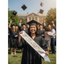 Dodomar Mezuniyet Kuşağı Beyaz Üzeri Altın Baskılı Saten Varaklı I Graduated Yazılı