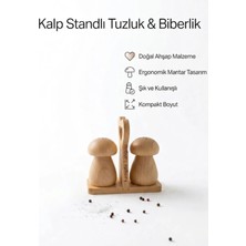 Kamptek Kamp Teknolojisi Ahşap Mantar Şekilli Tuz ve Biber Tuzluk Seti Doğal Ahşap Baharatlık - Kalp Standlı