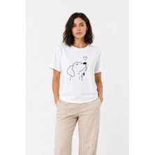 Moda Loris Köpek Figürlü Minimal Baskılı Tişört Kısa Kol Yazlık T-Shirt - Beyaz