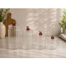 Gsd Borosilikat Cam Optik Çizgili Kiraz Kapaklı 4 Lü Kavanoz Seti KÜÇÜK:630 ml -Orta: 800 Ml- ORTA:1100 ML-BÜYÜK:1500 ml