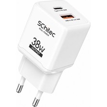Schitec 38W Çift Çıkışlı Süper Hızlı Şarj Adaptörü Usb-A Qc 3.0 + Type-C Pd Beyaz HG/TA-38EU