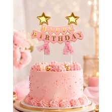 Dodomar Pasta Üstü Çubuklu Happy Birthday Yıldızlı Tüllü Pembe Süs Doğum Günü Parti Dekoru