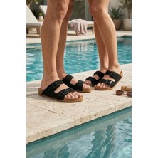 Look Life S963.001 Incim Comfort Çift Bantlı Siyah Nubuk Unisex Terlik Günlük Sahil Plaj Terliği