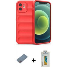 Marsilyan™- iPhone 12 Kılıf Atlas Koleksiyonu - Siyah Polymer Nano Ekran Koruyucu + Pembe Shine Kamera Lens Koruma Cam