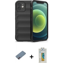 Marsilyan™- iPhone 12 Kılıf Atlas Koleksiyonu - Siyah Polymer Nano Ekran Koruyucu + Pembe Shine Kamera Lens Koruma Cam