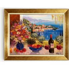 Tablore Altın Çerçeveli Italyan Riviera Manzaralı Yağlı Boya Dokulu Tablo Ev Salon Mutfak Duvar Dekorasyonu