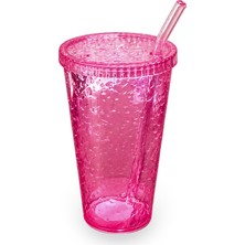 Homer 600 ml Mika Smoothie Bardağı Pipetli Kapaklı Sert Plastik 3 Parça - Pembe