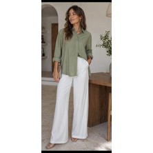 Esra Butik %100 Pamuk Viskon Dokulu Gömlek – Rahat Kalıp Uzun Kollu Kadın Gömlek (Mavi – Yeşil)