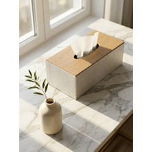 Plastora Home Suni Deri Detaylı Ahşap Desenli Dekoratif Peçete Kutusu Masa Üstü Peçetelik