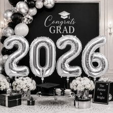 Dodomar Folyo Balon Mezuniyet 2026 Yazısı Silver Gümüş Set 40 Inç 100 cm 4 Rakam Parti Süsü