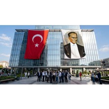 Punto Dizayn Sivil Takım Elbiseli Atatürk Bayrak ve Türk Bayrağı Premium Raşel Kumaş 2'li Set 10x15 metre ATA23