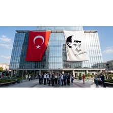 Punto Dizayn Siyah - Beyaz Mustafa Kemal Atatürk Silüeti ve Imza Bayrak ve Türk Bayrağı Premium Raşel Kumaş 2'li Set 10X15 Metre ATA27