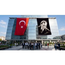 Punto Dizayn Mustafa Kemal Atatürk Altın İmzalı Poster Bayrak ve Türk Bayrağı Premium Raşel Kumaş 2'li Set 10x15 metre ATA42