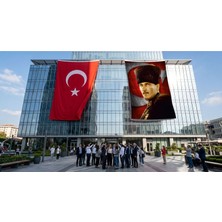 Punto Dizayn Mavi Gözlü Kalpaklı Gazi Mustafa Kemal Atatürk Ay Yıldız Poster Bayrak ve Türk Bayrağı Premium Raşel Kumaş 2'li Set 10X15 Metre ATA37