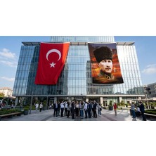 Punto Dizayn Üniformalı Kalpaklı Gazi Mustafa Kemal Atatürk Bayrak ve Türk Bayrağı Premium Raşel Kumaş 2'li Set 10x15 metre ATA20