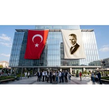 Punto Dizayn Kravatlı Takım Elbiseli Gazi Mustafa Kemal Atatürk Bayrak ve Türk Bayrağı Premium Raşel Kumaş 2'li Set 10x15 metre ATA31