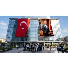 Punto Dizayn Mustafa Kemal Atatürk Takım Elbiseli Bayrak ve Türk Bayrağı Premium Raşel Kumaş 2'li Set 10X15 Metre ATA47